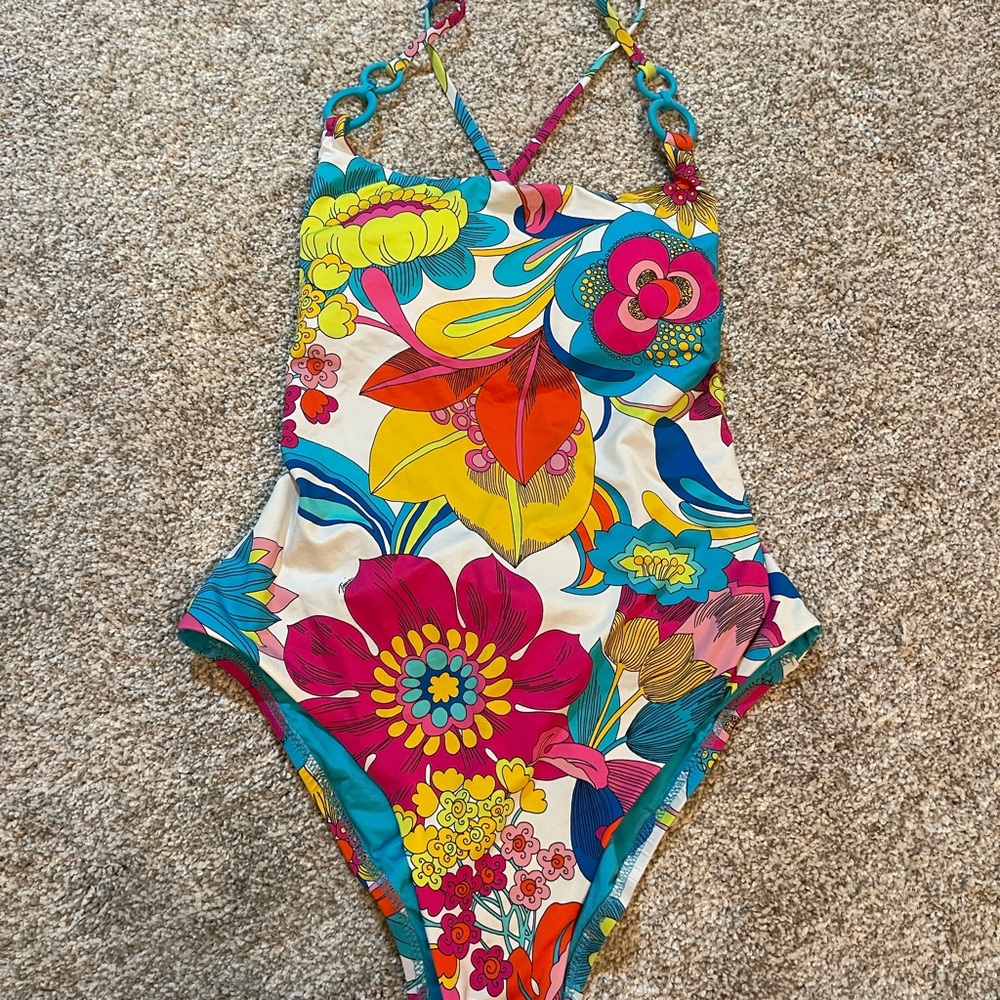 Trina Turk Yellow and Blue One Piece Swimsuit Floral Design